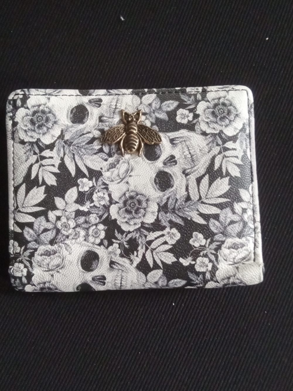 Black & White Floral Skull Wallet with Gold Bee Accent - Women's Wallet